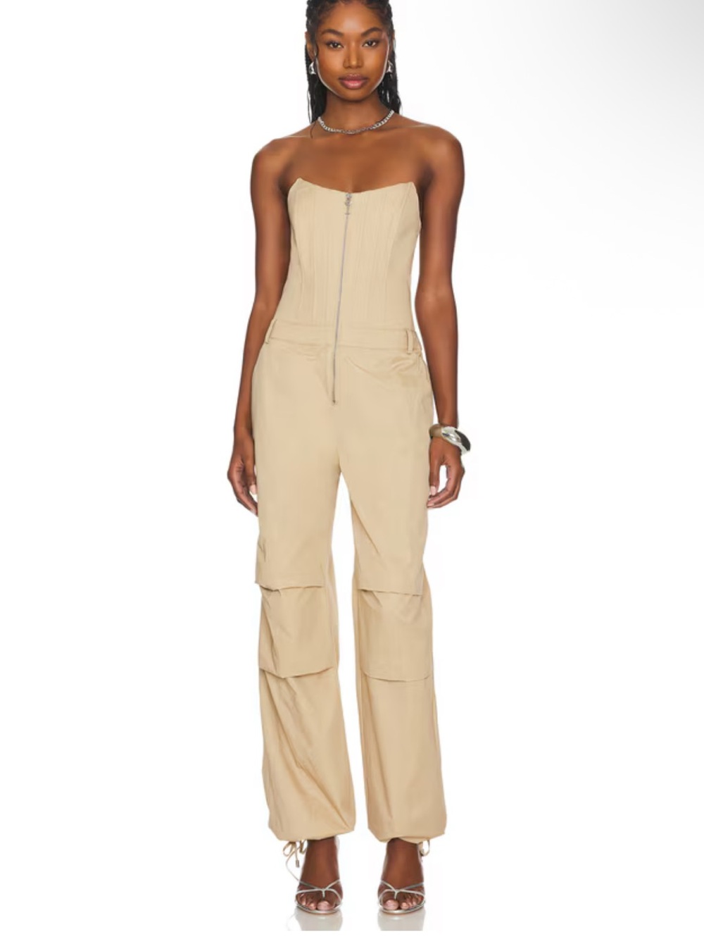 Retrofete Beige Strapless Utility Cargo Jumpsuit